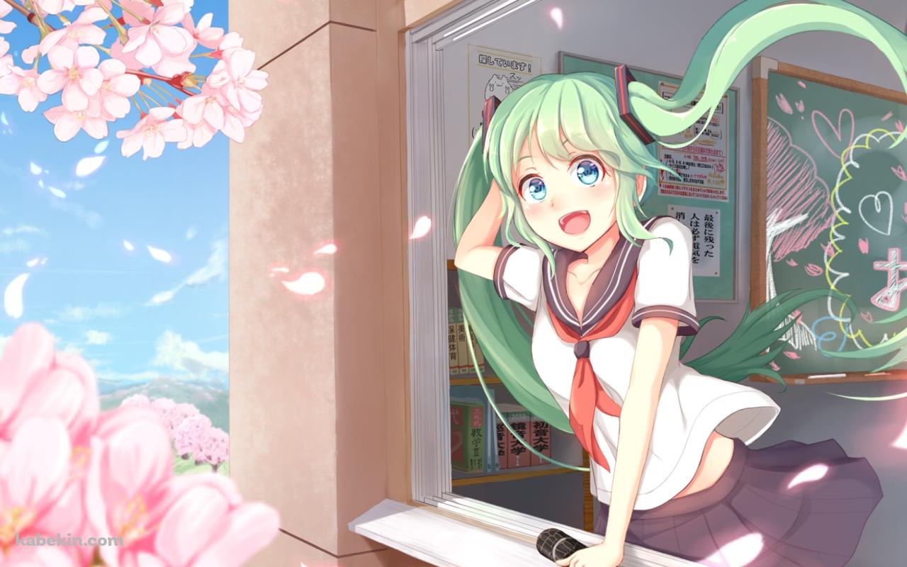 卒業証書を持って窓の外の桜を見て喜ぶ初音ミク / ボカロ / ボーカロイドの壁紙(1280px x 800px) 高画質 PC・デスクトップ用