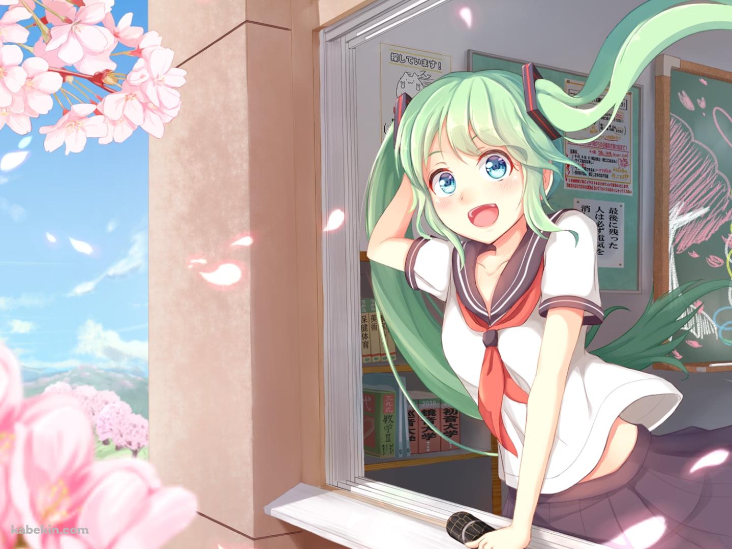 卒業証書を持って窓の外の桜を見て喜ぶ初音ミク / ボカロ / ボーカロイドの壁紙(1440px x 1080px) 高画質 PC・デスクトップ用