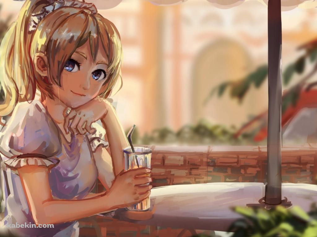 カフェでジュースを片手に頬杖をつく可愛い絢瀬絵里 / ラブライブ!の壁紙(1024px x 768px) 高画質 PC・デスクトップ用
