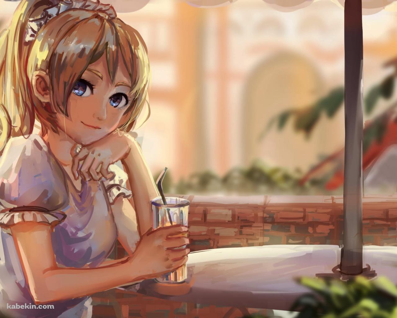 カフェでジュースを片手に頬杖をつく可愛い絢瀬絵里 / ラブライブ!の壁紙(1280px x 1024px) 高画質 PC・デスクトップ用