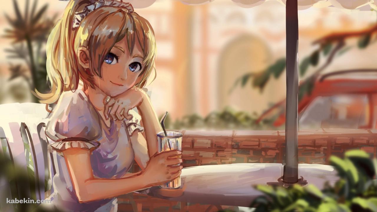 カフェでジュースを片手に頬杖をつく可愛い絢瀬絵里 / ラブライブ!の壁紙(1280px x 720px) 高画質 PC・デスクトップ用