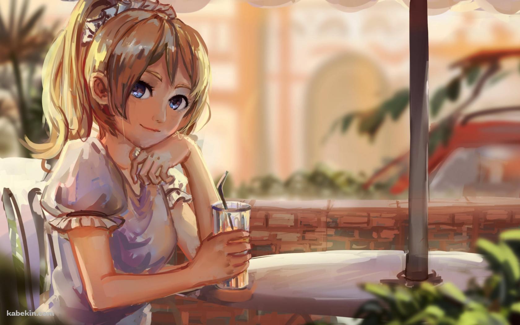 カフェでジュースを片手に頬杖をつく可愛い絢瀬絵里 / ラブライブ!の壁紙(1680px x 1050px) 高画質 PC・デスクトップ用