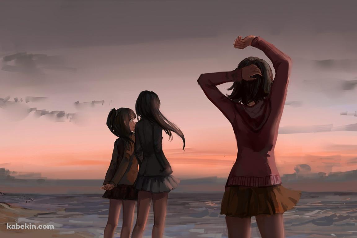 夕暮れ時の海を見渡す渋谷凛 / 島村卯月 / 本田未央 / アイドルマスターシンデレラガールズの壁紙(1152px x 768px) 高画質 PC・デスクトップ用