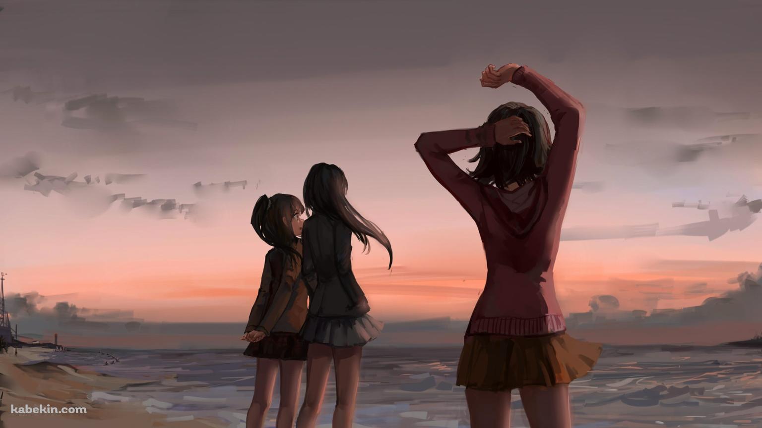 夕暮れ時の海を見渡す渋谷凛 / 島村卯月 / 本田未央 / アイドルマスターシンデレラガールズの壁紙(1536px x 864px) 高画質 PC・デスクトップ用