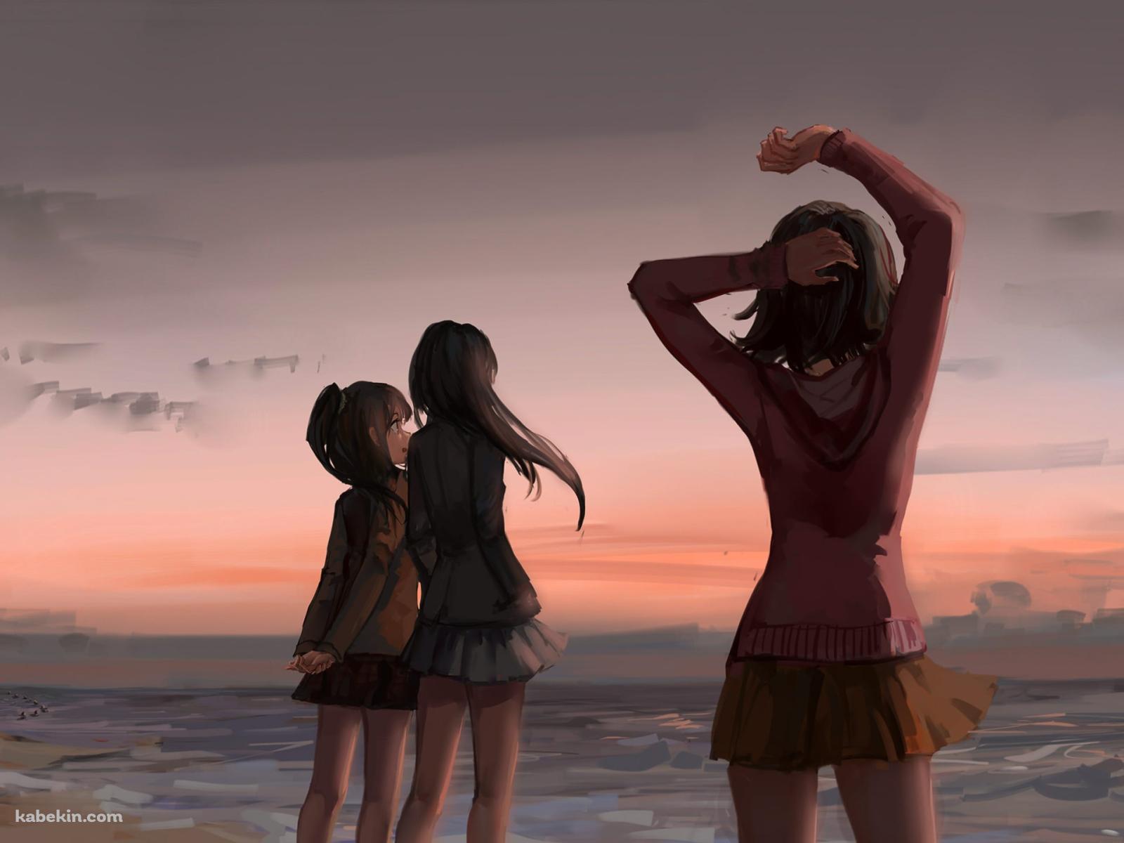 夕暮れ時の海を見渡す渋谷凛 / 島村卯月 / 本田未央 / アイドルマスターシンデレラガールズの壁紙(1600px x 1200px) 高画質 PC・デスクトップ用