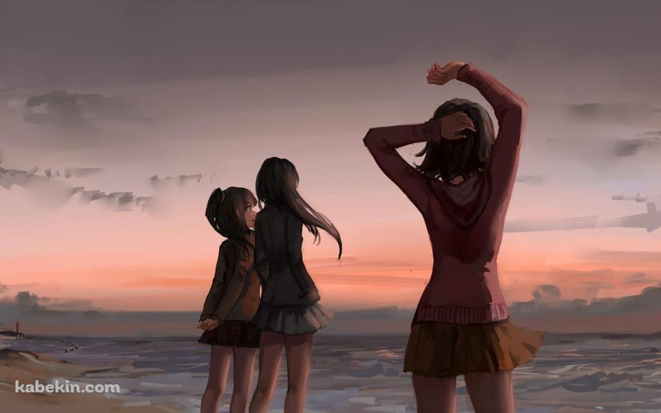 夕暮れ時の海を見渡す渋谷凛 / 島村卯月 / 本田未央 / アイドルマスターシンデレラガールズの壁紙(960px x 600px) 高画質 PC・デスクトップ用