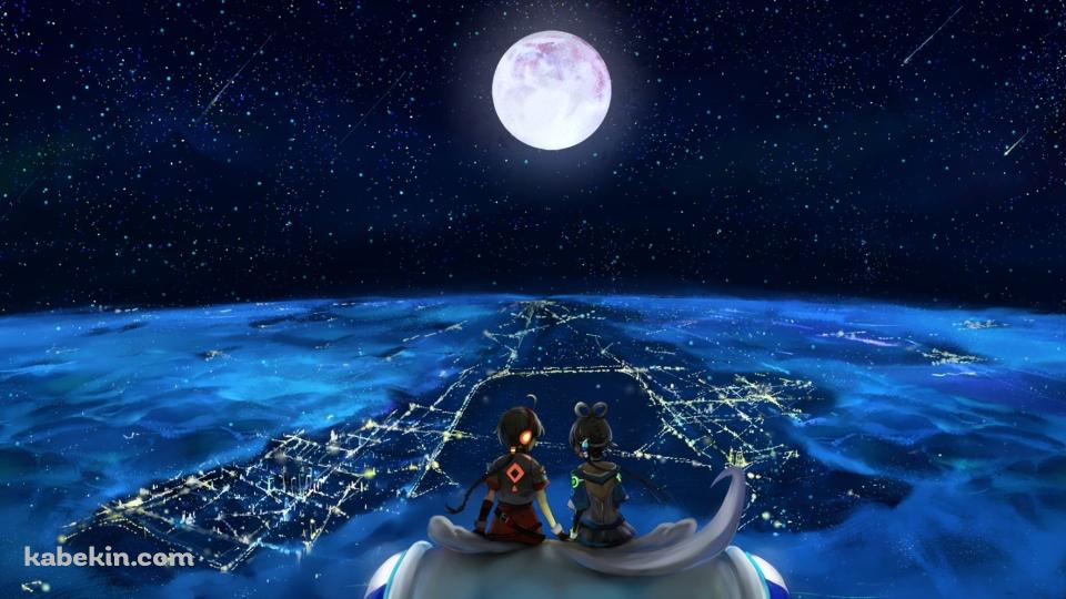 夜の街と満月を見下ろす乐正绫と洛天依 / ボカロ / ボーカロイドの壁紙(960px x 540px) 高画質 PC・デスクトップ用