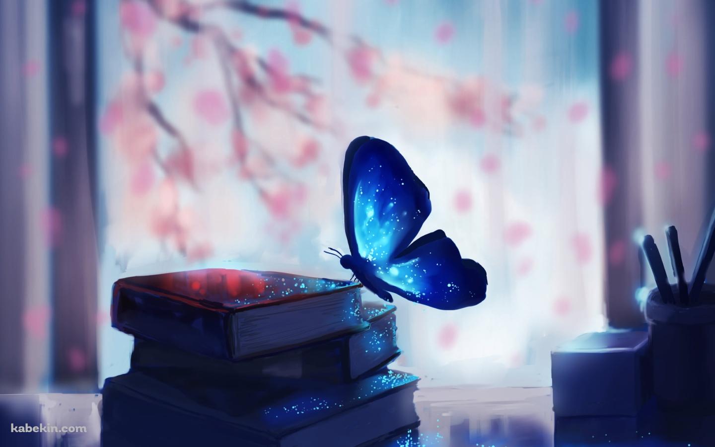 辞典にとまる青いアゲハ蝶の壁紙(1440px x 900px) 高画質 PC・デスクトップ用