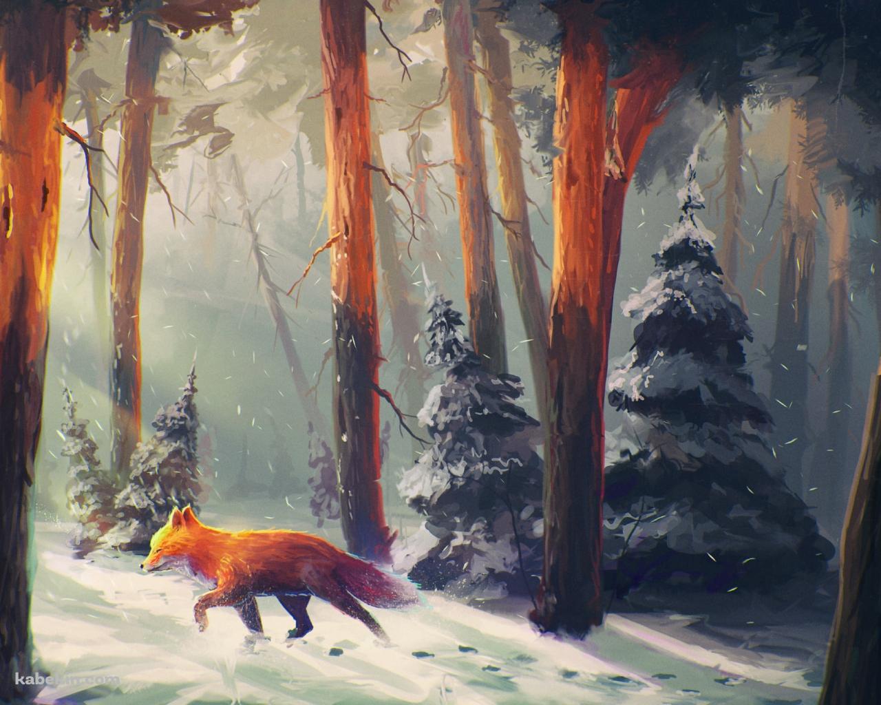 冬の森を歩く狐 / fox walking in the winter forestの壁紙(1280px x 1024px) 高画質 PC・デスクトップ用