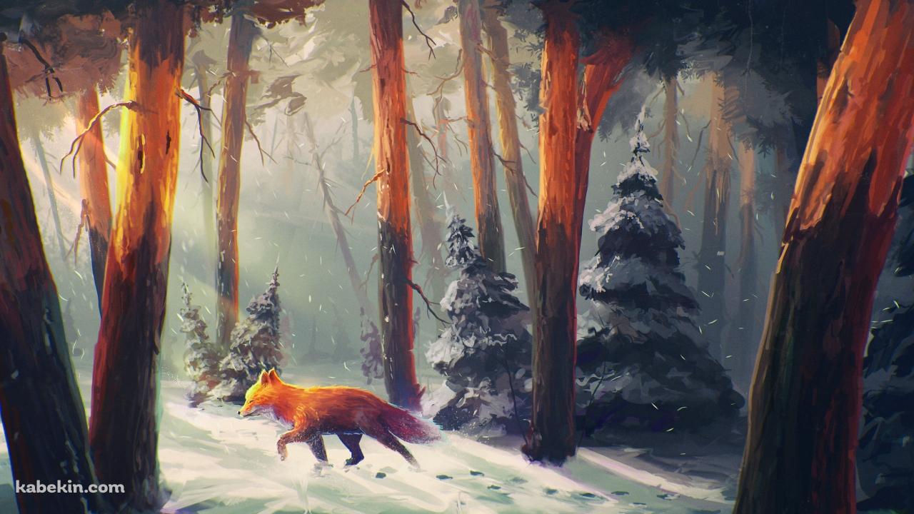 冬の森を歩く狐 / fox walking in the winter forestの壁紙(1280px x 720px) 高画質 PC・デスクトップ用