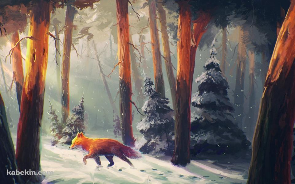 冬の森を歩く狐 / fox walking in the winter forestの壁紙(960px x 600px) 高画質 PC・デスクトップ用