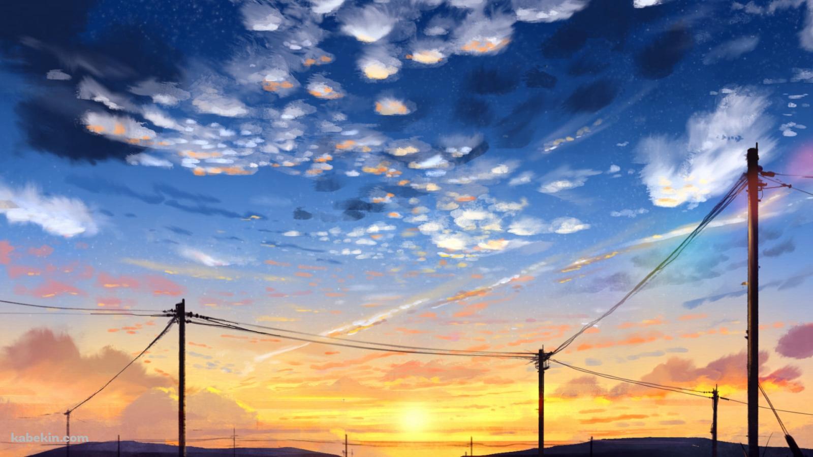 水をはった田んぼと電柱と夕陽の壁紙(1600px x 900px) 高画質 PC・デスクトップ用
