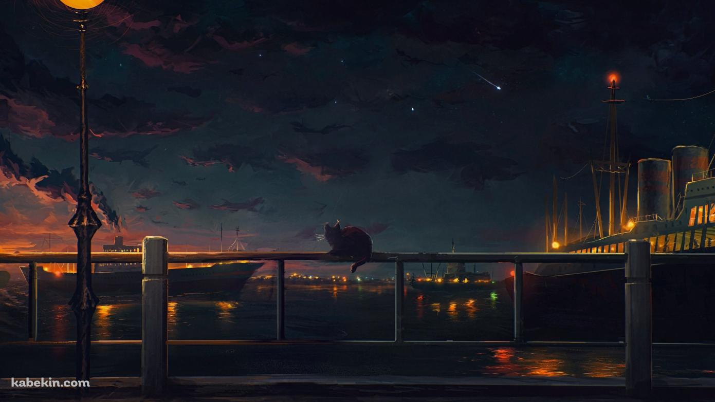 夜の海沿いの手摺に座る黒猫 / 停泊する船の壁紙(1391px x 783px) 高画質 PC・デスクトップ用