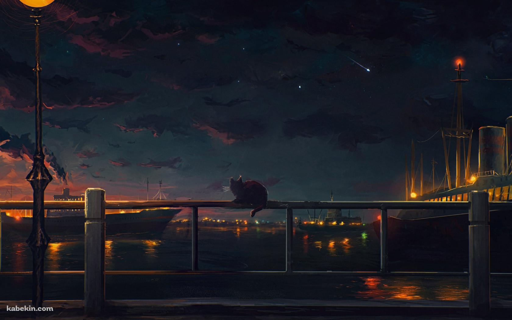 夜の海沿いの手摺に座る黒猫 / 停泊する船の壁紙(1680px x 1050px) 高画質 PC・デスクトップ用