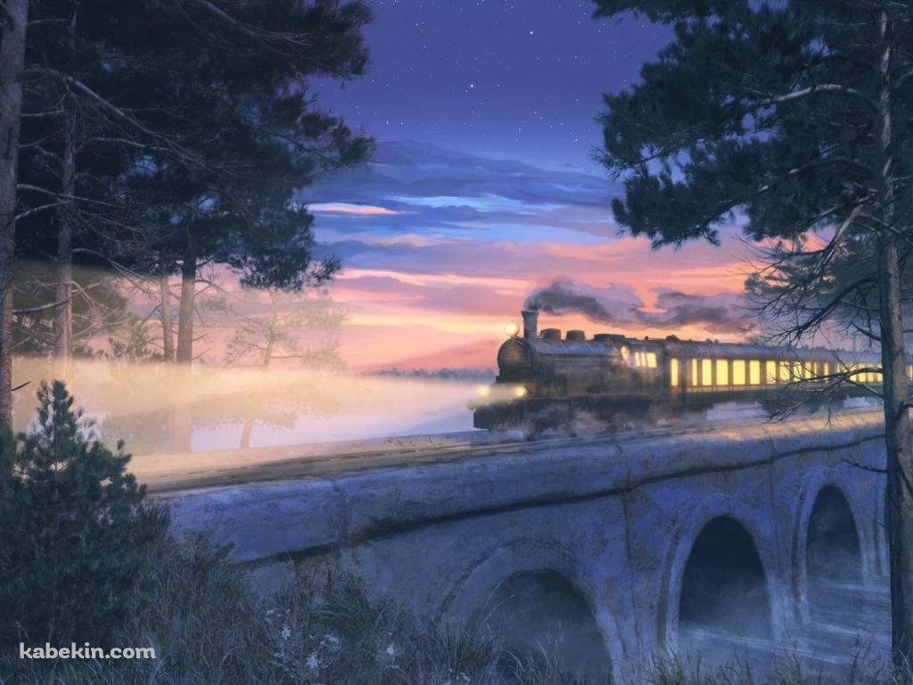 夜、橋の上を通過する機関車の壁紙(1024px x 768px) 高画質 PC・デスクトップ用