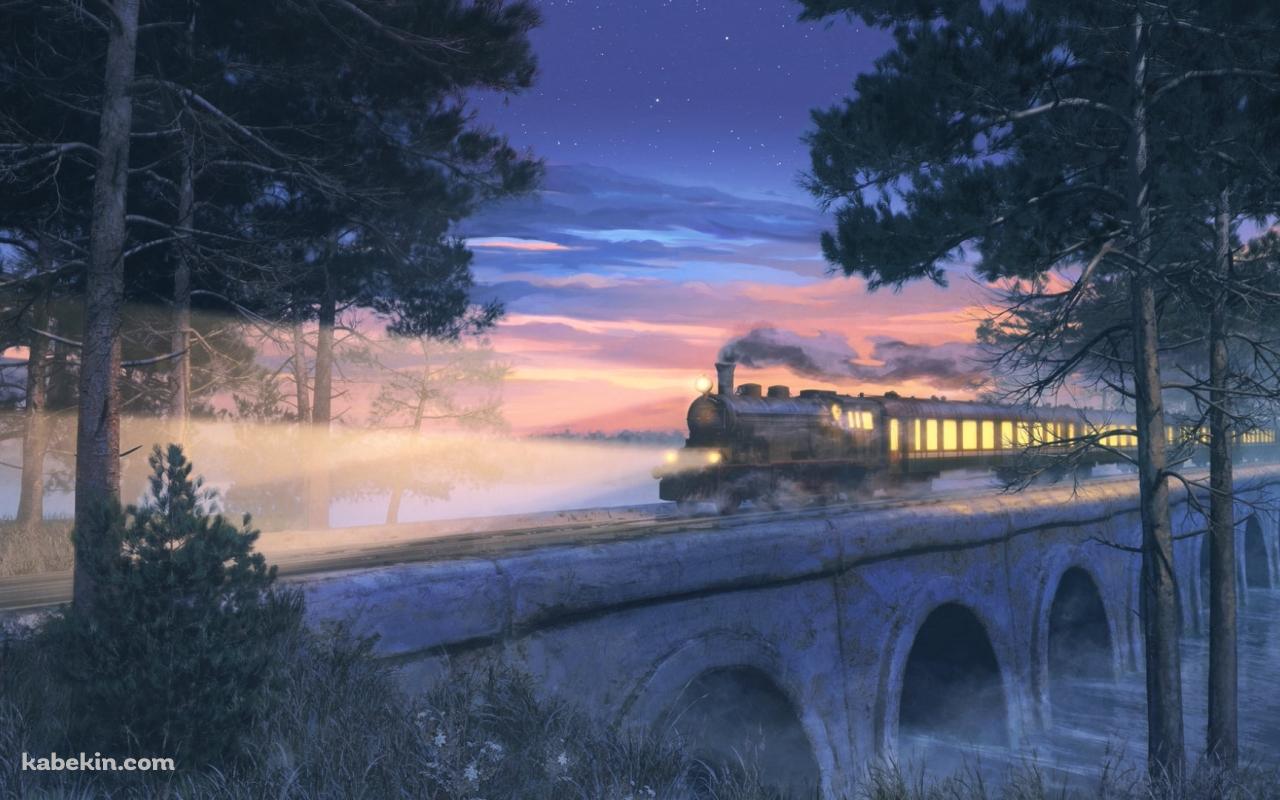夜、橋の上を通過する機関車の壁紙(1280px x 800px) 高画質 PC・デスクトップ用