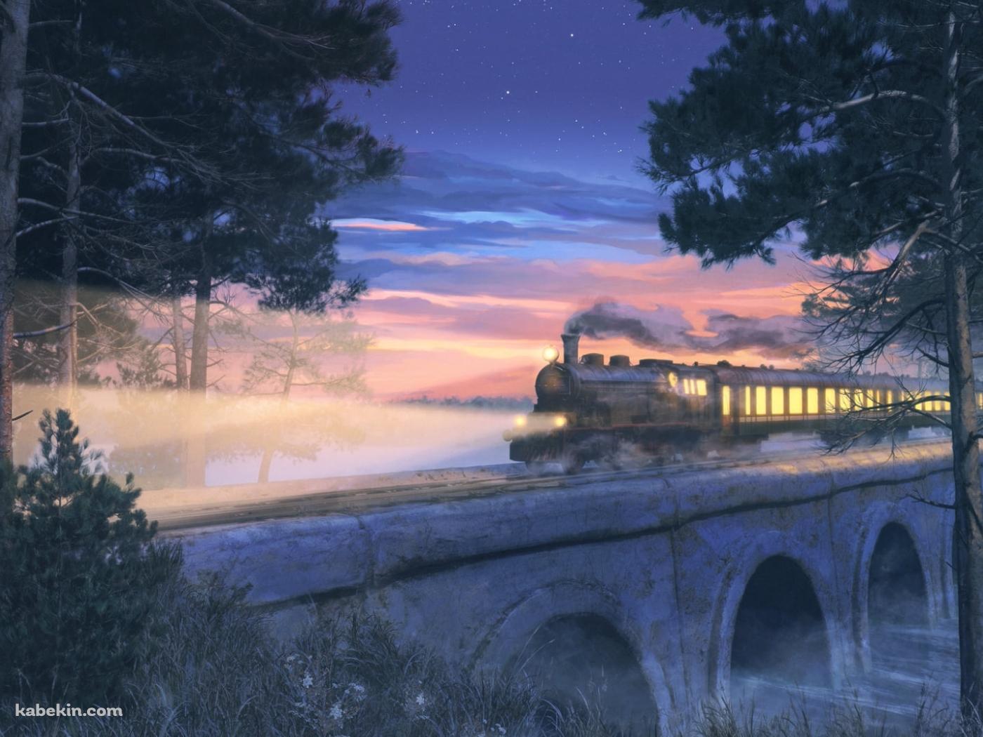 夜、橋の上を通過する機関車の壁紙(1400px x 1050px) 高画質 PC・デスクトップ用