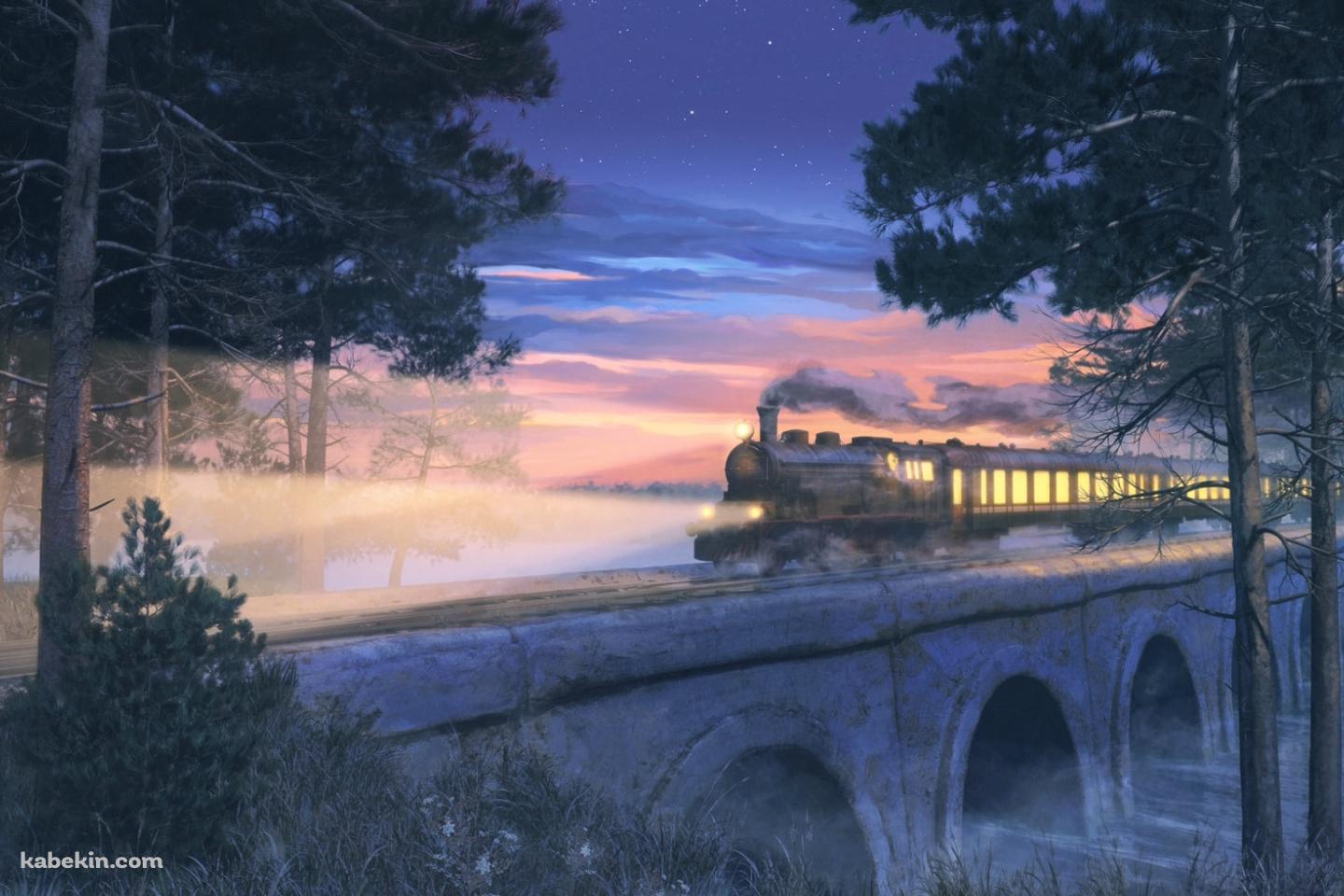 夜、橋の上を通過する機関車の壁紙(1440px x 960px) 高画質 PC・デスクトップ用