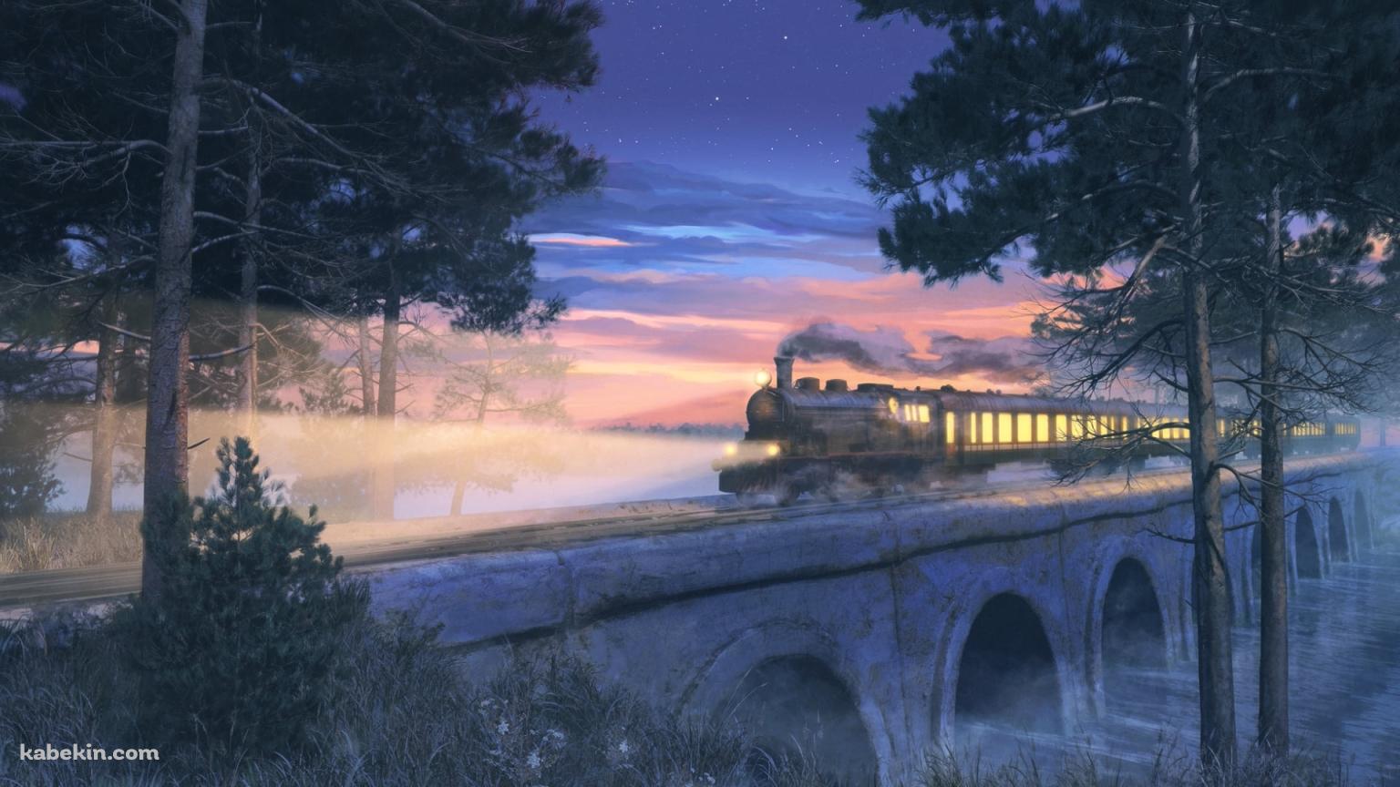 夜、橋の上を通過する機関車の壁紙(1536px x 864px) 高画質 PC・デスクトップ用