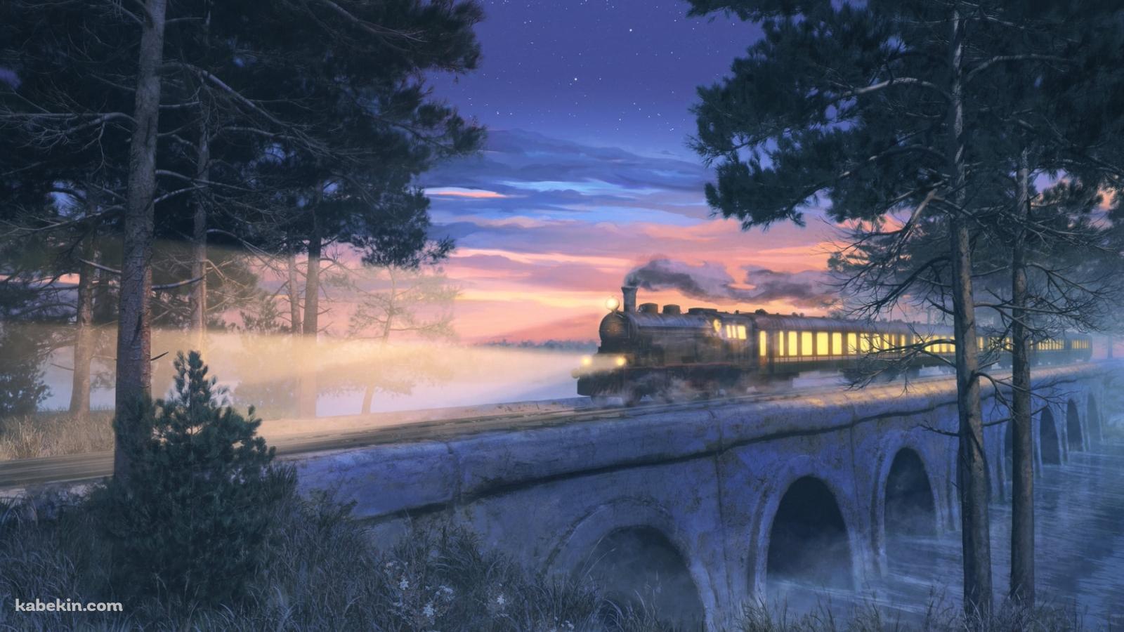 夜、橋の上を通過する機関車の壁紙(1600px x 900px) 高画質 PC・デスクトップ用