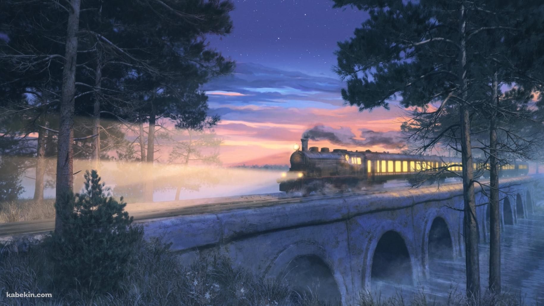 夜、橋の上を通過する機関車の壁紙(1829px x 1029px) 高画質 PC・デスクトップ用