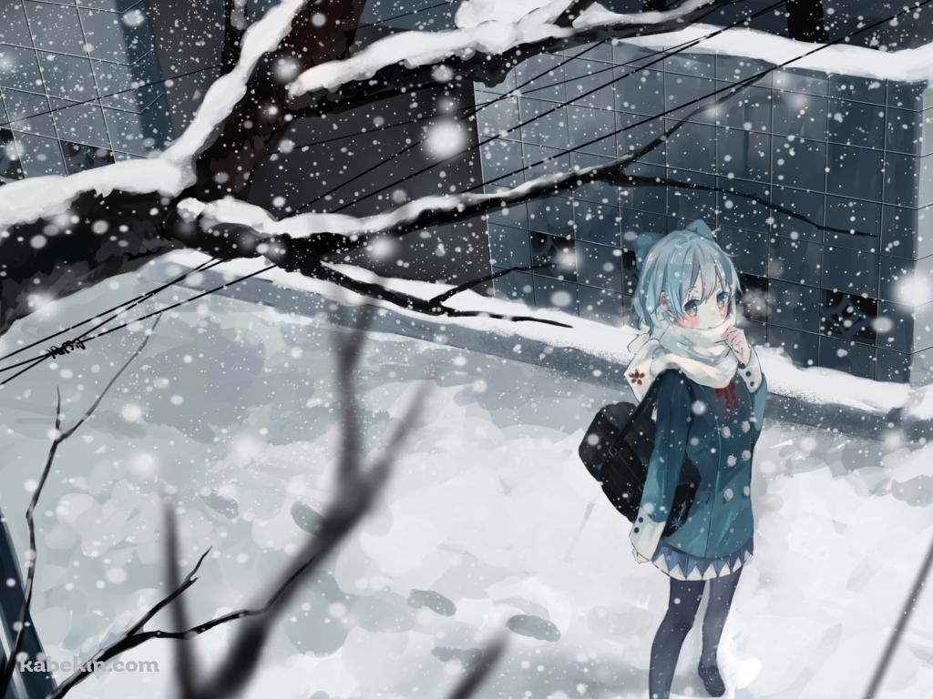冬、雪が降る中、登校するチルノ / 東方の壁紙(1024px x 768px) 高画質 PC・デスクトップ用
