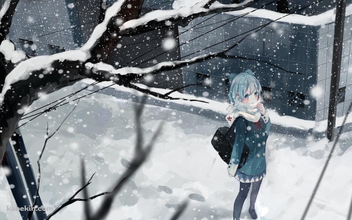 冬、雪が降る中、登校するチルノ / 東方の壁紙(1152px x 720px) 高画質 PC・デスクトップ用