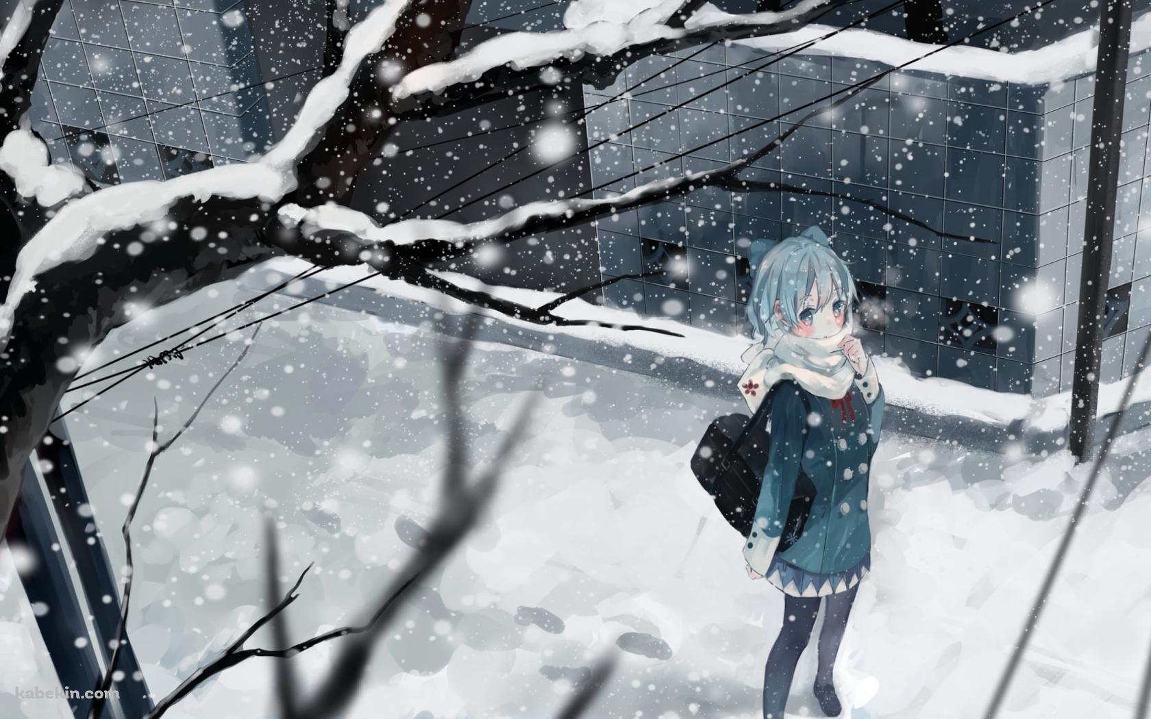 冬、雪が降る中、登校するチルノ / 東方の壁紙(1680px x 1050px) 高画質 PC・デスクトップ用