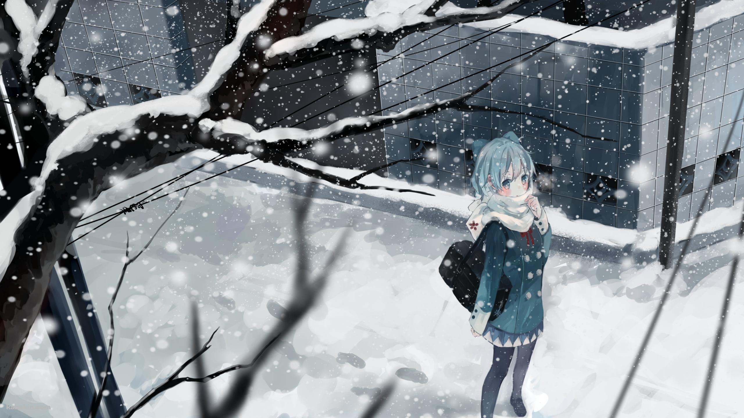 冬、雪が降る中、登校するチルノ / 東方の壁紙(2560px x 1440px) 高画質 PC・デスクトップ用