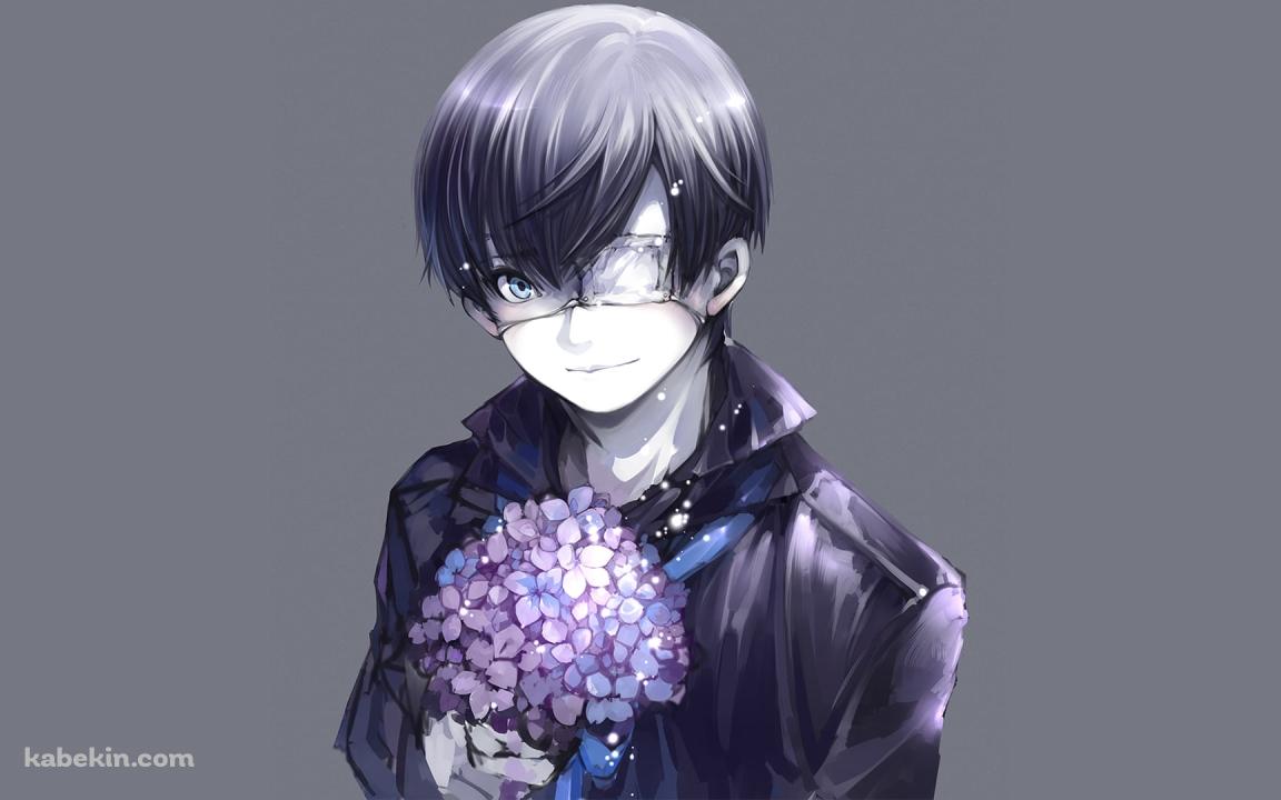 紫陽花を持つ眼帯をつけた金木研 / 東京喰種の壁紙(1152px x 720px) 高画質 PC・デスクトップ用