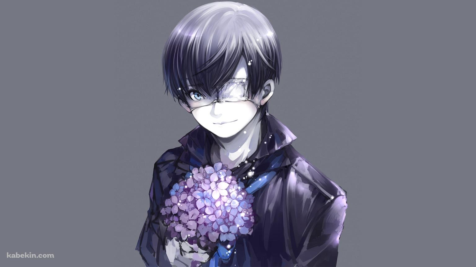 紫陽花を持つ眼帯をつけた金木研 / 東京喰種の壁紙(1536px x 864px) 高画質 PC・デスクトップ用