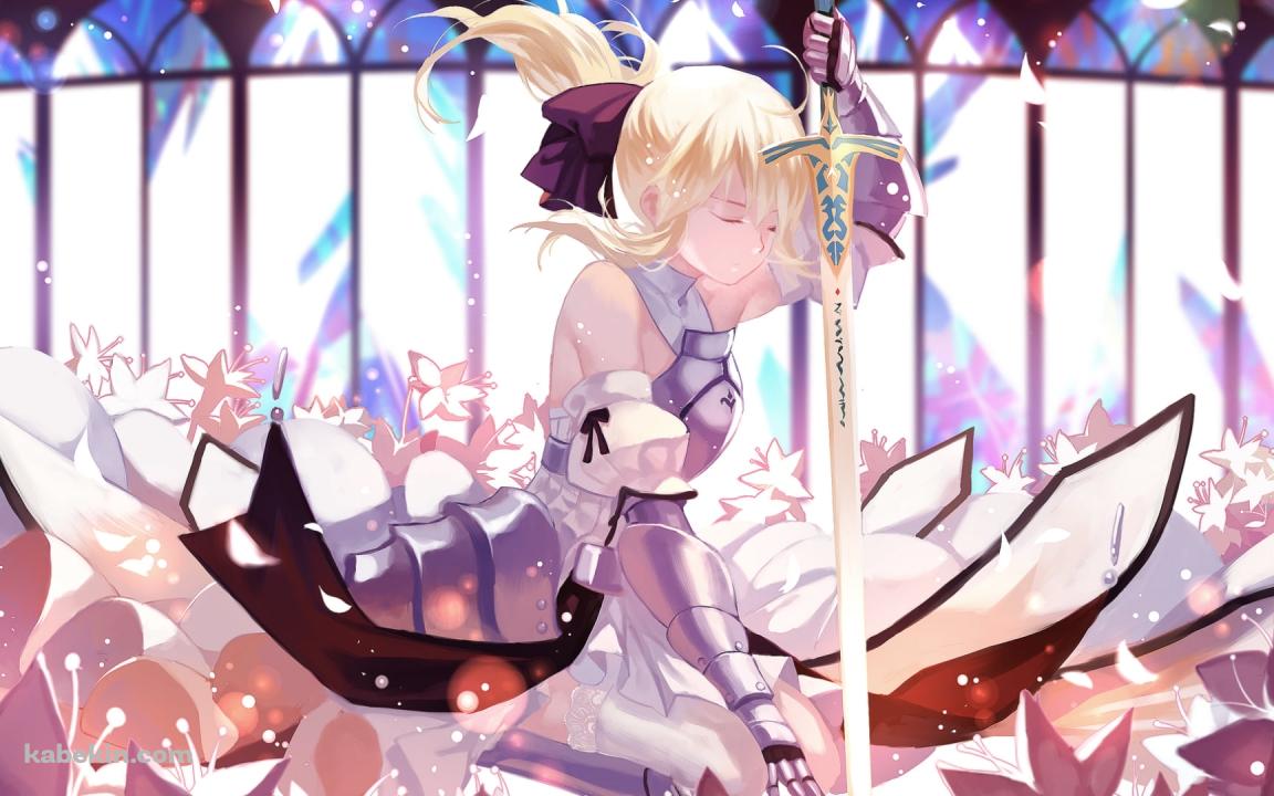 百合に囲まれて剣にもたれるセイバー・リリィ / アルトリア・ペンドラゴン / Fateの壁紙(1152px x 720px) 高画質 PC・デスクトップ用
