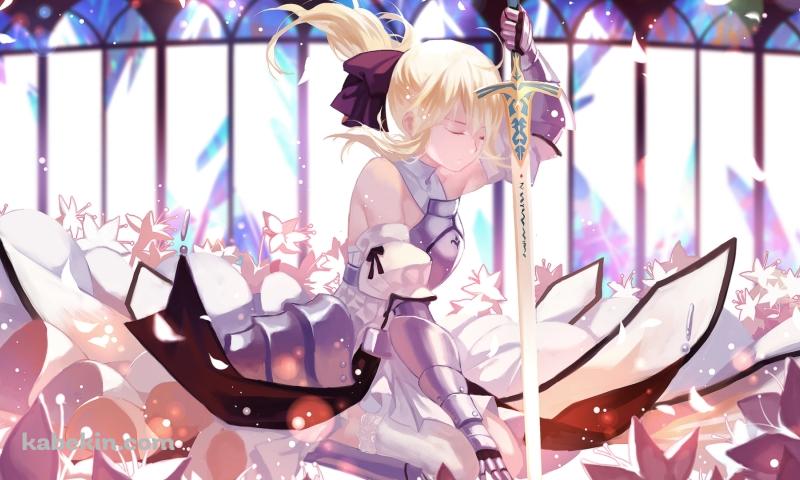 百合に囲まれて剣にもたれるセイバー・リリィ / アルトリア・ペンドラゴン / Fateの壁紙(800px x 480px) 高画質 PC・デスクトップ用