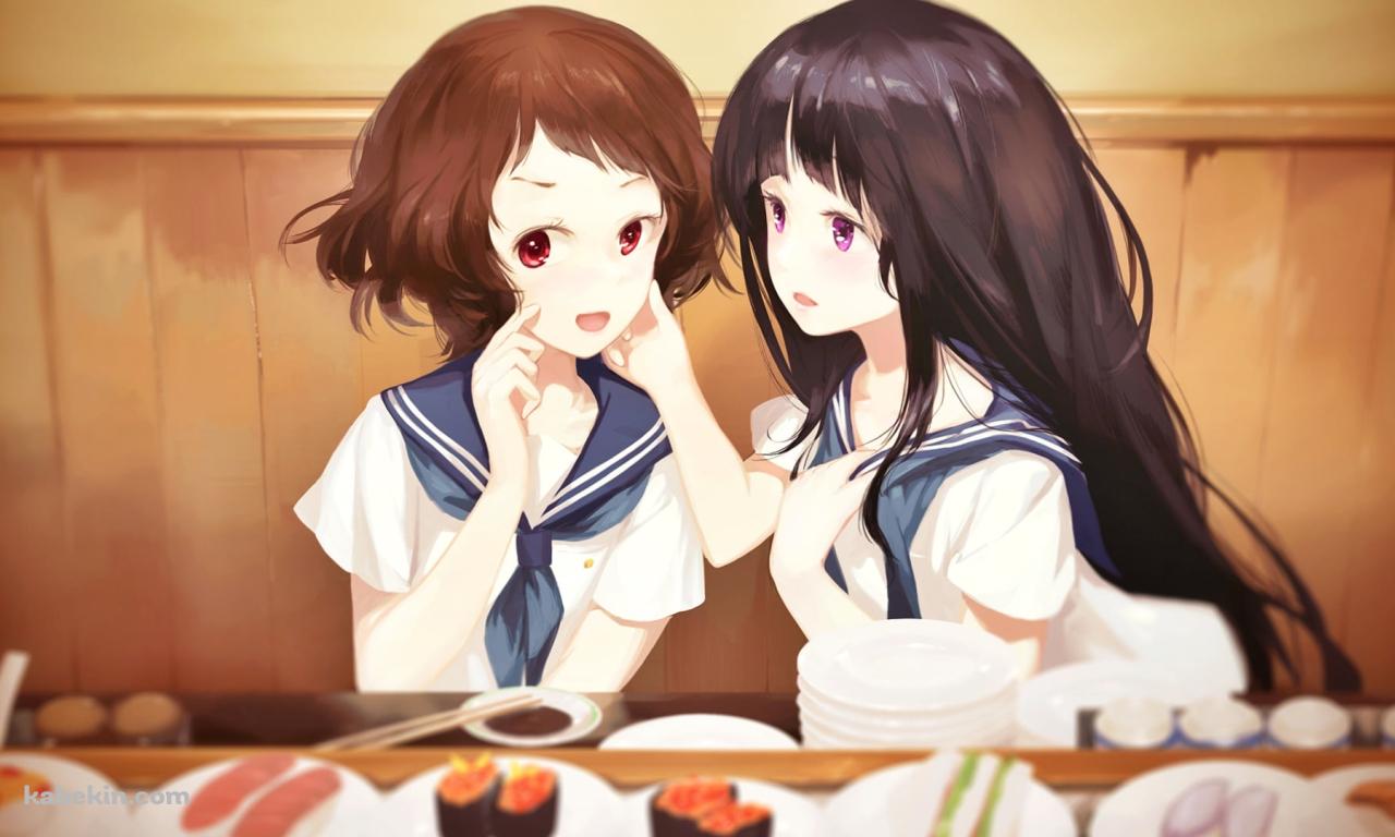回転寿司を食べる千反田えると伊原摩耶花 / 氷菓の壁紙(1280px x 768px) 高画質 PC・デスクトップ用