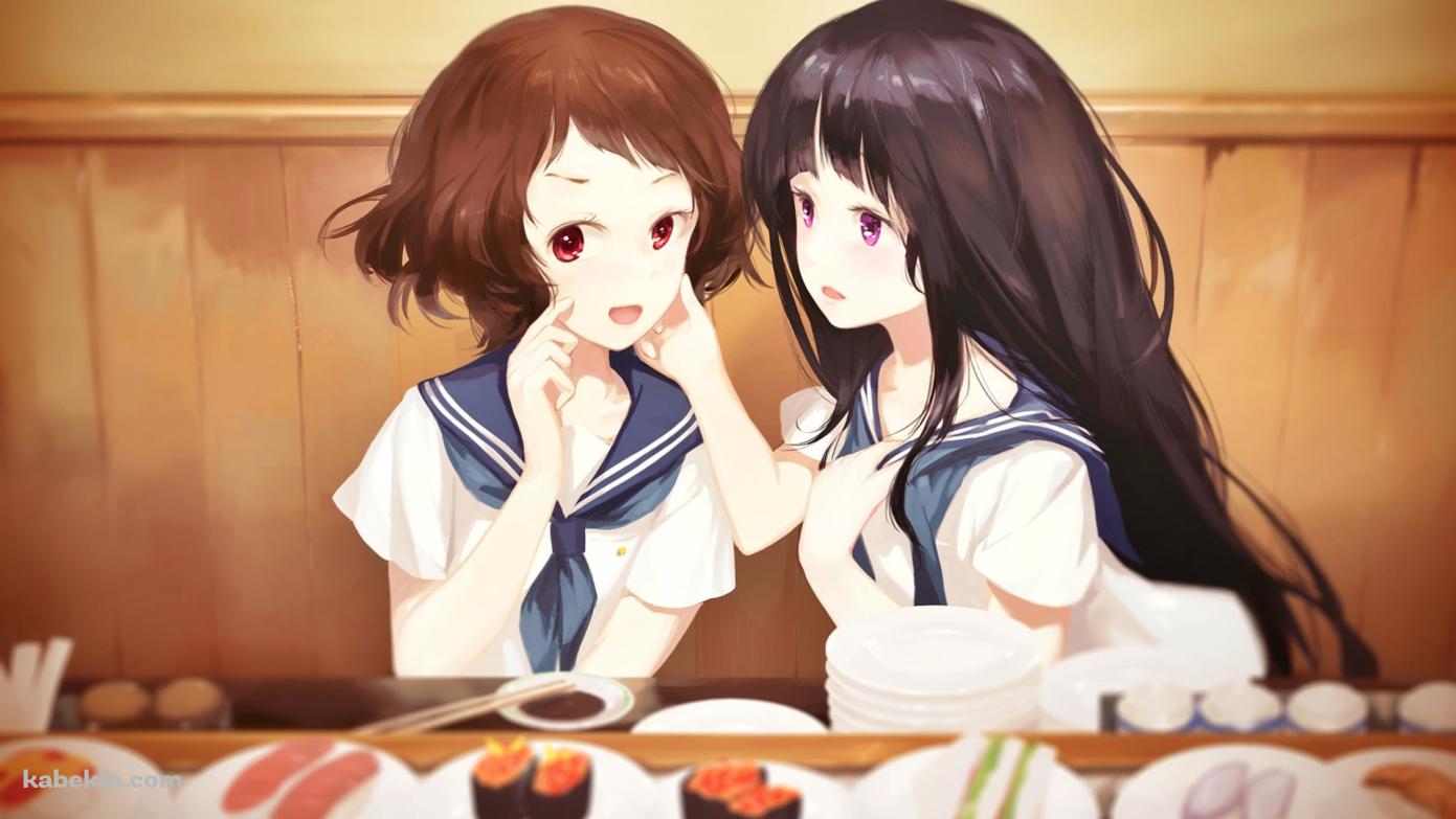 回転寿司を食べる千反田えると伊原摩耶花 / 氷菓の壁紙(1391px x 783px) 高画質 PC・デスクトップ用