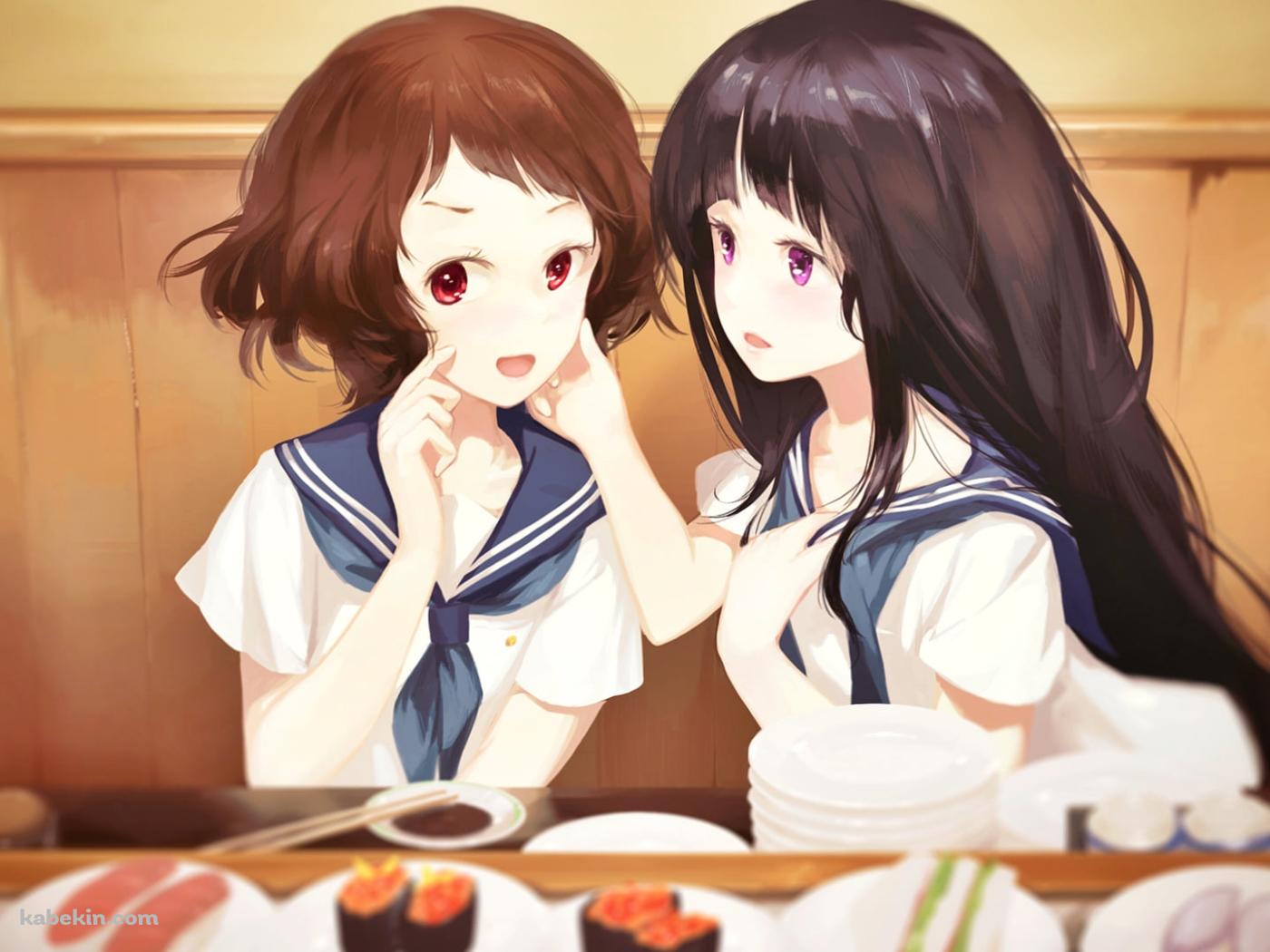 回転寿司を食べる千反田えると伊原摩耶花 / 氷菓の壁紙(1400px x 1050px) 高画質 PC・デスクトップ用