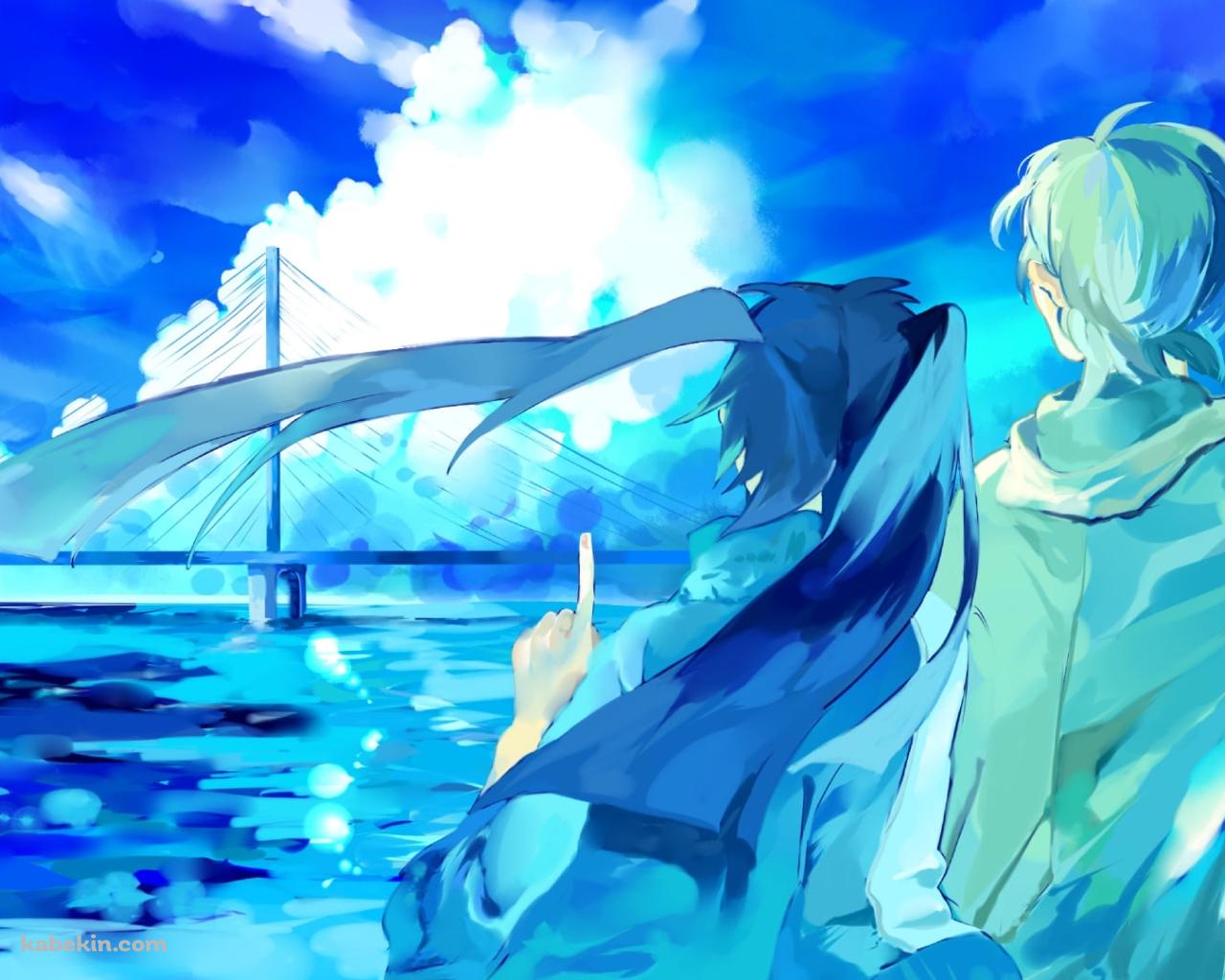 大きな白い雲を指す榎本 貴音と九ノ瀬 遥 / メカクシティアクターズの壁紙(1280px x 1024px) 高画質 PC・デスクトップ用