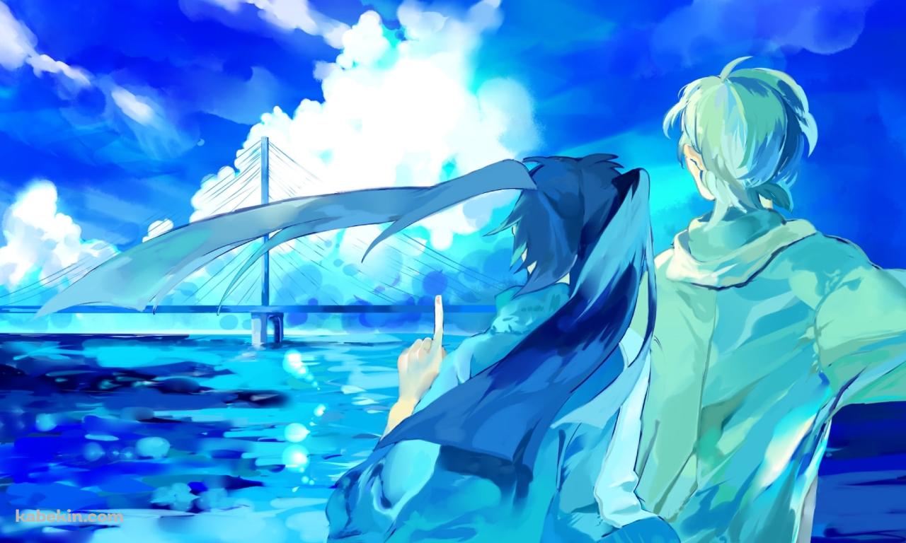 大きな白い雲を指す榎本 貴音と九ノ瀬 遥 / メカクシティアクターズの壁紙(1280px x 768px) 高画質 PC・デスクトップ用