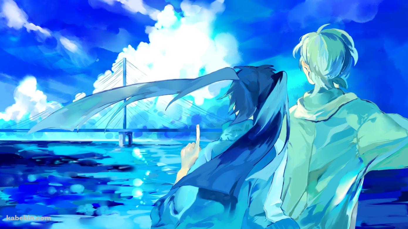 大きな白い雲を指す榎本 貴音と九ノ瀬 遥 / メカクシティアクターズの壁紙(1391px x 783px) 高画質 PC・デスクトップ用