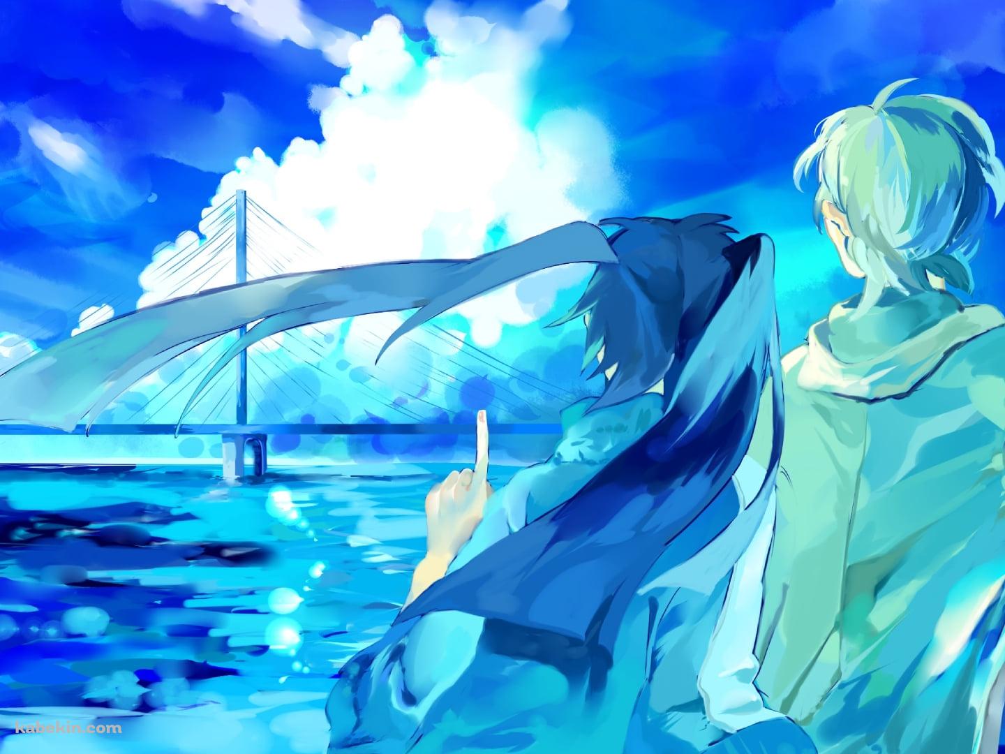 大きな白い雲を指す榎本 貴音と九ノ瀬 遥 / メカクシティアクターズの壁紙(1440px x 1080px) 高画質 PC・デスクトップ用