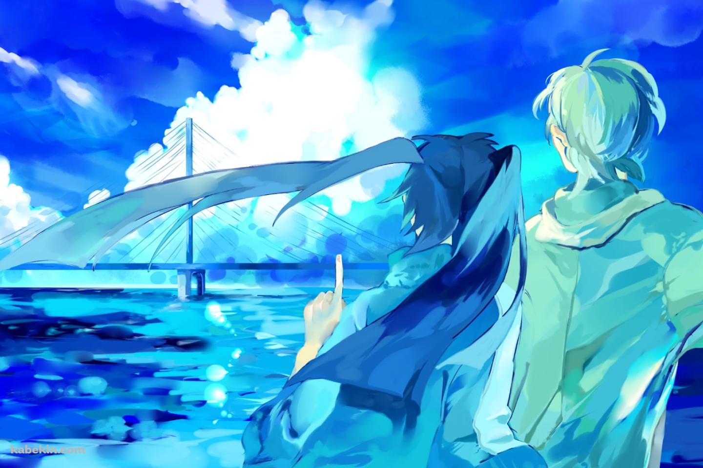 大きな白い雲を指す榎本 貴音と九ノ瀬 遥 / メカクシティアクターズの壁紙(1440px x 960px) 高画質 PC・デスクトップ用