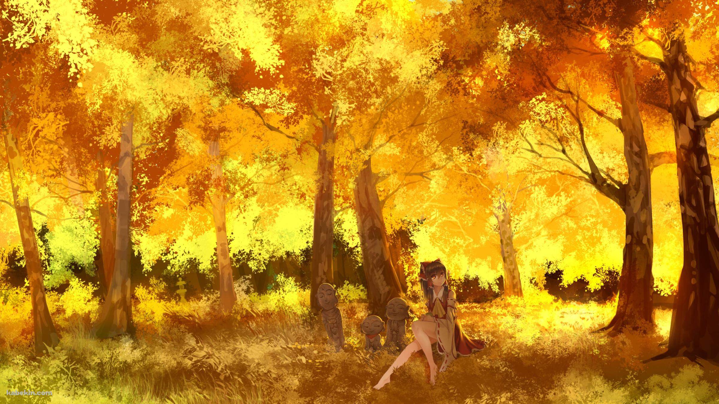 金色の森の中に座る博麗霊夢 / 東方の壁紙(2400px x 1350px) 高画質 PC・デスクトップ用