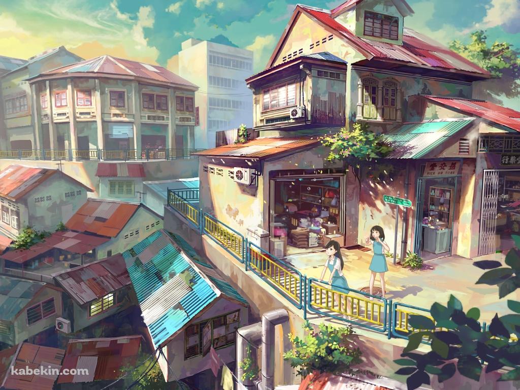 高台から住宅地を眺める女の子の壁紙(1024px x 768px) 高画質 PC・デスクトップ用