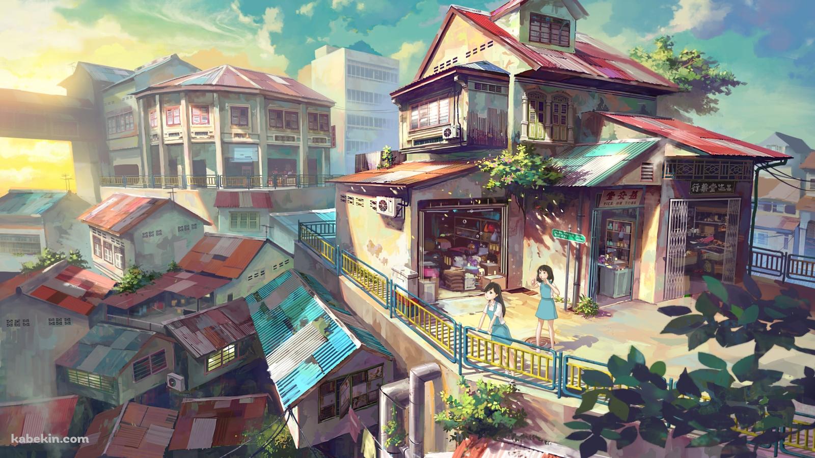 高台から住宅地を眺める女の子の壁紙(1600px x 900px) 高画質 PC・デスクトップ用