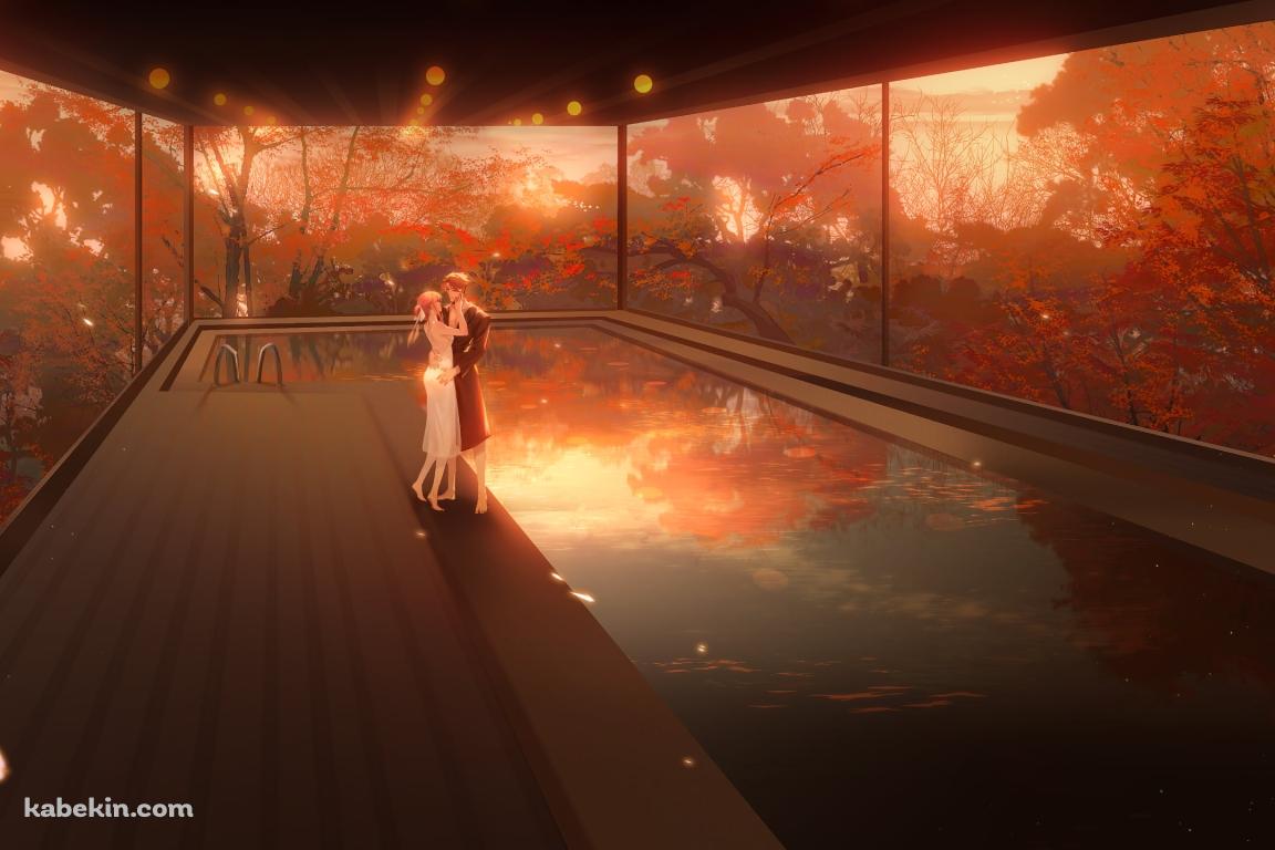 室内プールの傍で見つめあう男女 / 紅葉が描かれた襖の壁紙(1152px x 768px) 高画質 PC・デスクトップ用