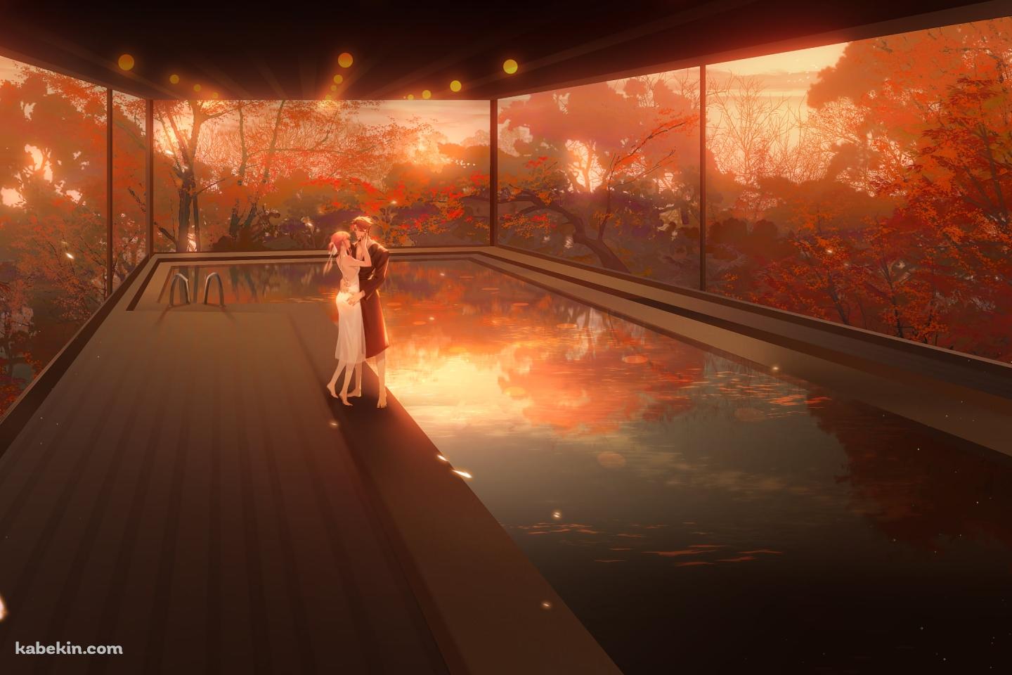 室内プールの傍で見つめあう男女 / 紅葉が描かれた襖の壁紙(1440px x 960px) 高画質 PC・デスクトップ用