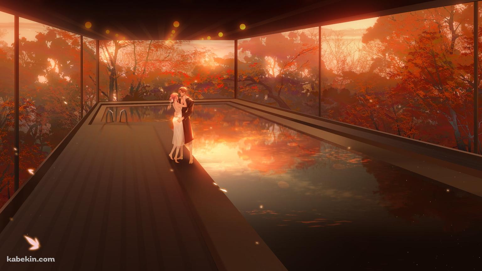 室内プールの傍で見つめあう男女 / 紅葉が描かれた襖の壁紙(1536px x 864px) 高画質 PC・デスクトップ用