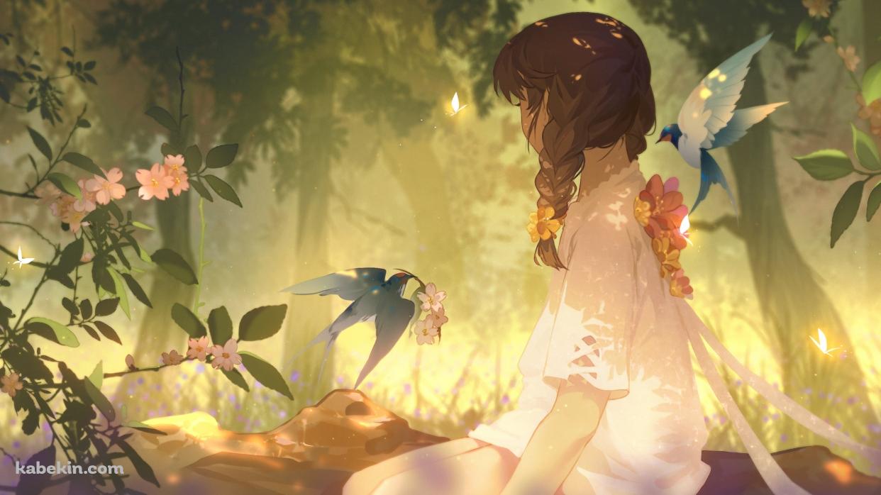 花を運ぶ鳥と三つ編みの少女 / ピンクの花の壁紙(1242px x 698px) 高画質 PC・デスクトップ用