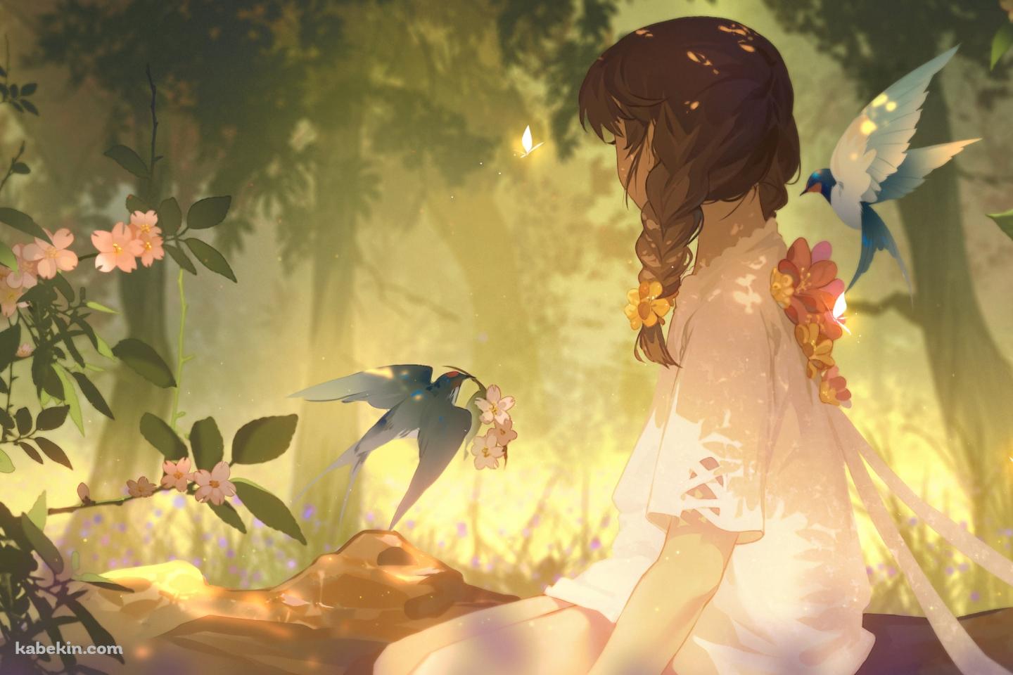 花を運ぶ鳥と三つ編みの少女 / ピンクの花の壁紙(1440px x 960px) 高画質 PC・デスクトップ用