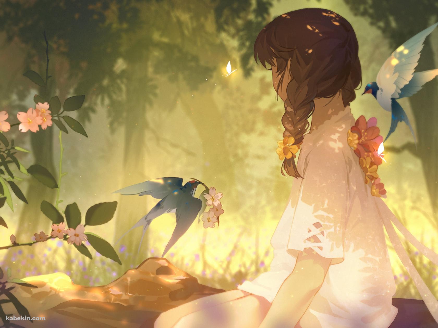 花を運ぶ鳥と三つ編みの少女 / ピンクの花の壁紙(1680px x 1260px) 高画質 PC・デスクトップ用